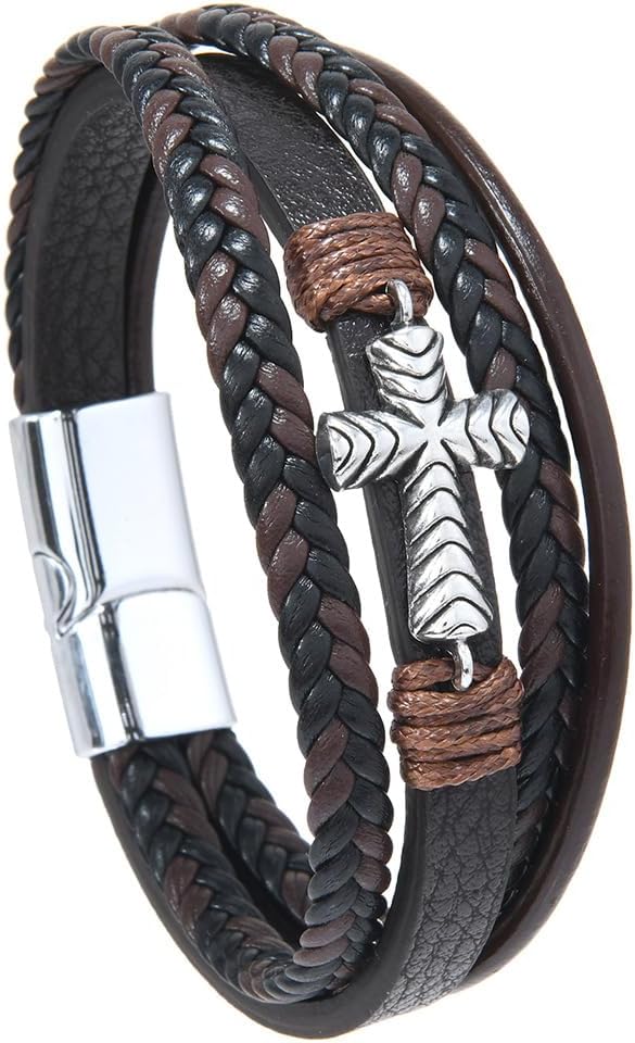 Men's Cross Leather Bracelet Vintage Christian Religious Faith Cuff Bangle Multi-Layer Braided Genuine Leather Wrap Wristband with Stainless Steel Clasp Jewelry for Women Him or Her