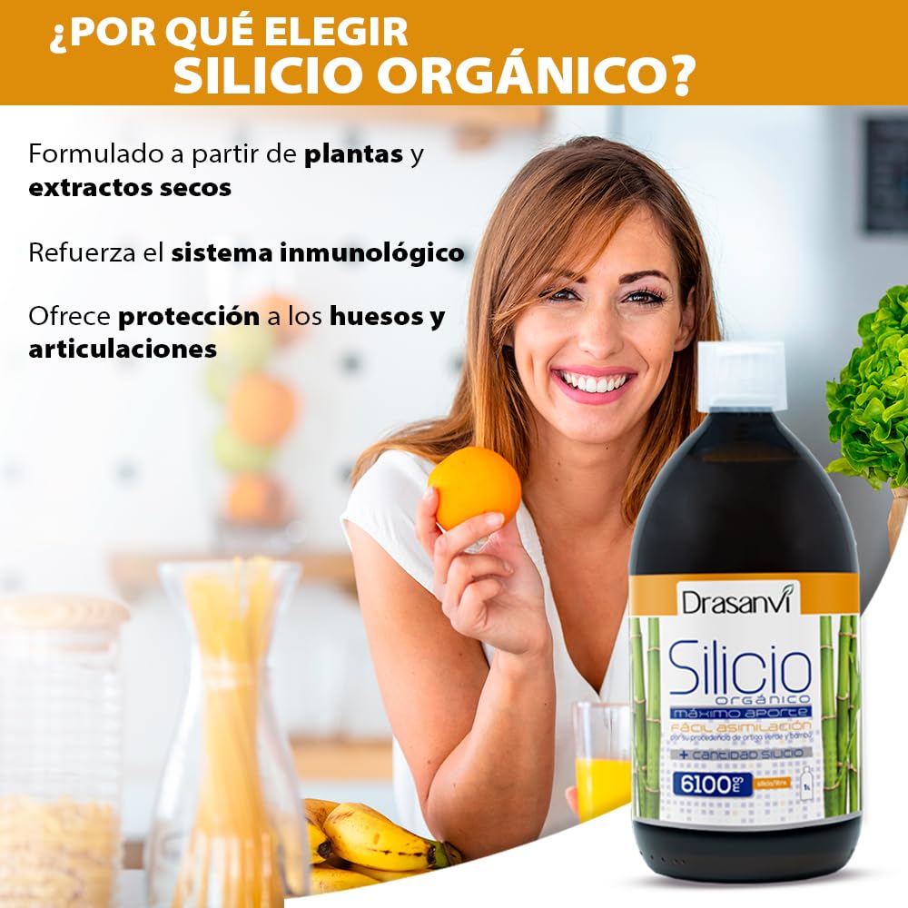 DRASANVI Silicio Orgánico Precursor del Colágeno | Mineral Esencial para la Estructura Celular | Huesos y Articulaciones |Ortiga Verde y Bambú| Fácil Asimilación,6100 mg por Dosis,1000 ml = 33 Días