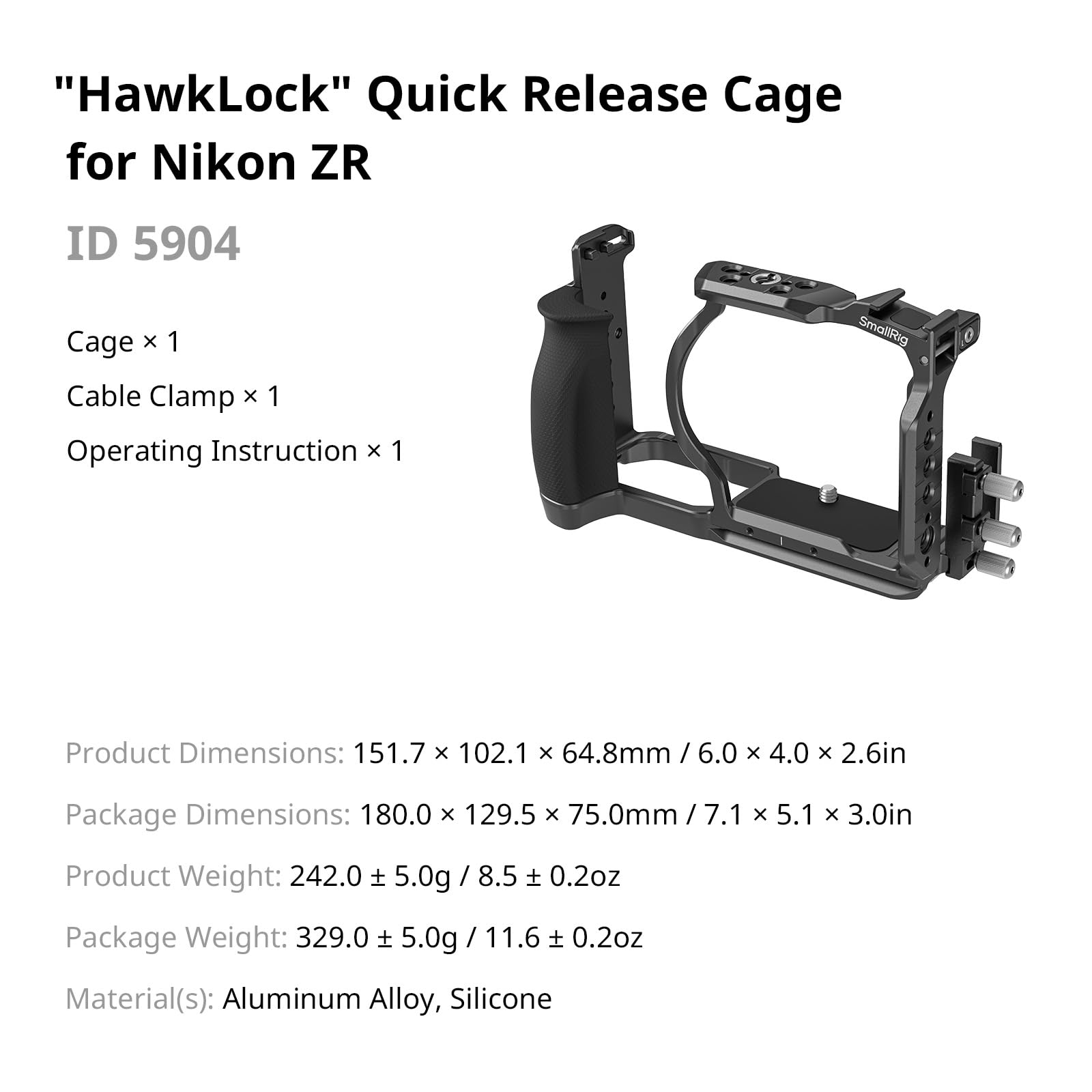 SMALLRIG HawkLock Cage d'extension à dégagement Rapide pour Nikon ZR avec poignée, Plaque de dégagement Rapide intégrée pour Arca, Compatible avec et trépieds pour DJI RS 3 Pro/RS 4 Pro, 5904