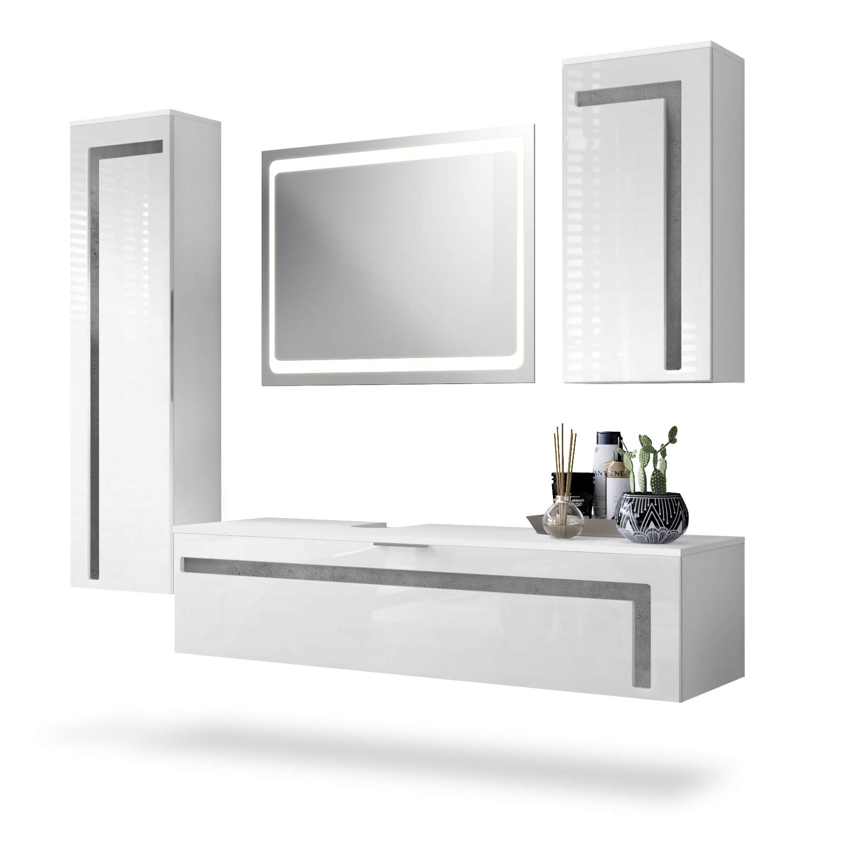 Vladon Set di mobili per Il Bagno Mobile Contenitore Aloha, Struttura in Bianco Opaco/Frontali in Bianco Lucido con sfalsature in Nero Lucido, con Specchio LED : Vladon