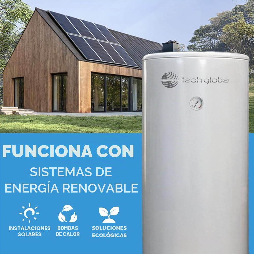 TECHGLOBE - Acumulador de agua caliente - 2 intercambiadores de calor (1,8 + 2,4 m²) - acer inoxidable - bajo consumo energético - aislamiento de 50 mm - Termo vertical (200 L)
