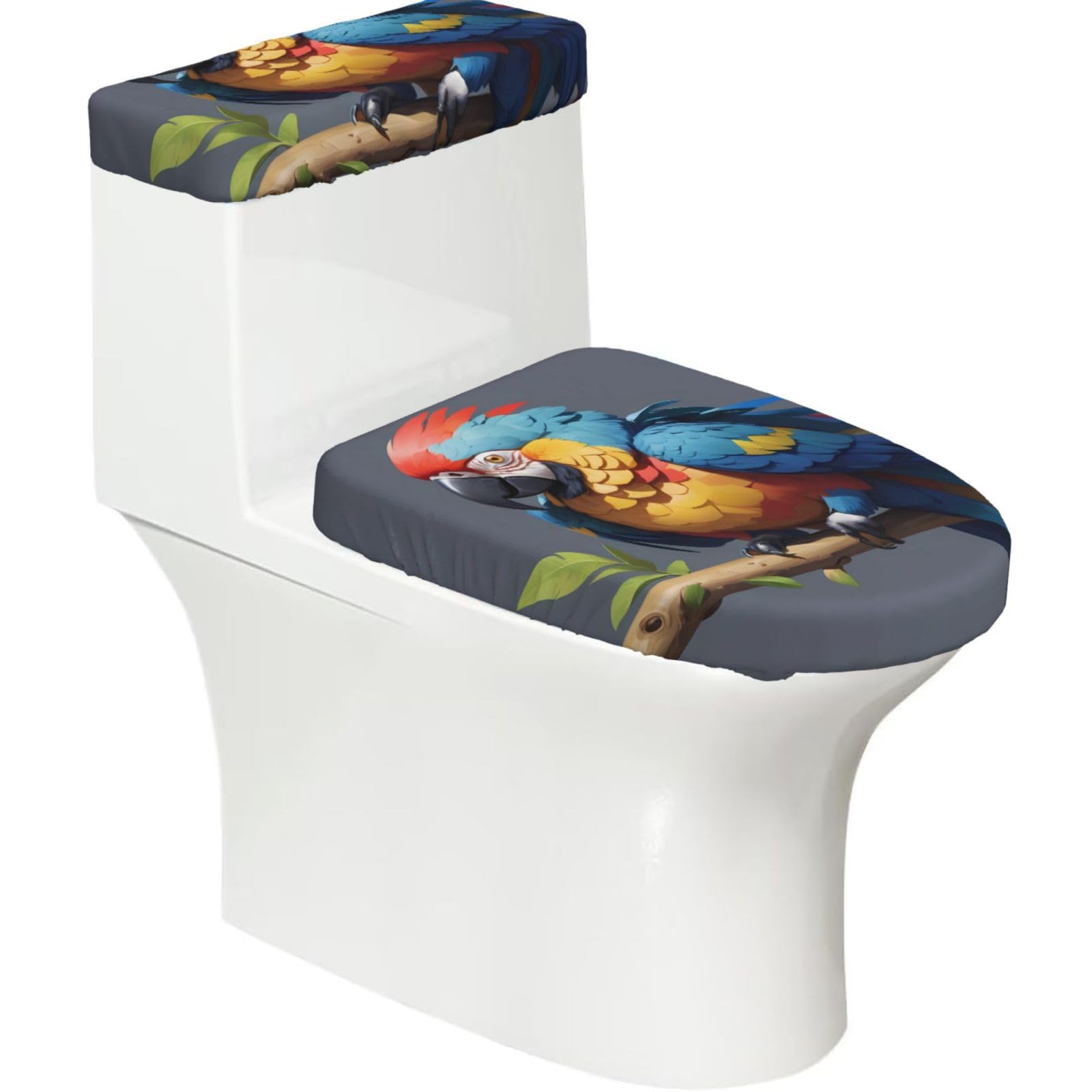 Wzycwb Black Quiet Parrot 2-Piece Toilet Seat Cover Set With Tank Lid, Elastic Fit For U-Shape & Elongated Toilets, Bathroom Decor, Housewarming Gift