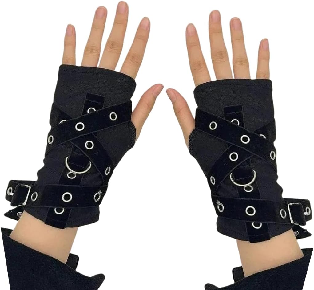 Mrotrida Women's Y2K Metal Buckle Belt Gloves Gothic Punk Subculture Fingerless Lace Up Cosplay Street Dance Gloves