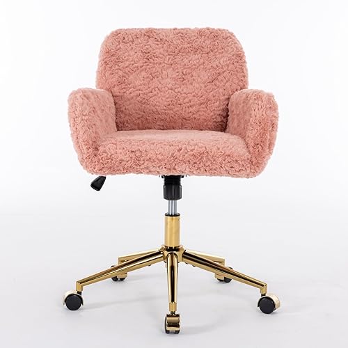 Miniatura 90 de Silla moderna de peluche para oficina en casa, bonita silla de escritorio tapizada con patas de metal dorado, silla giratoria ajustable con ruedas,