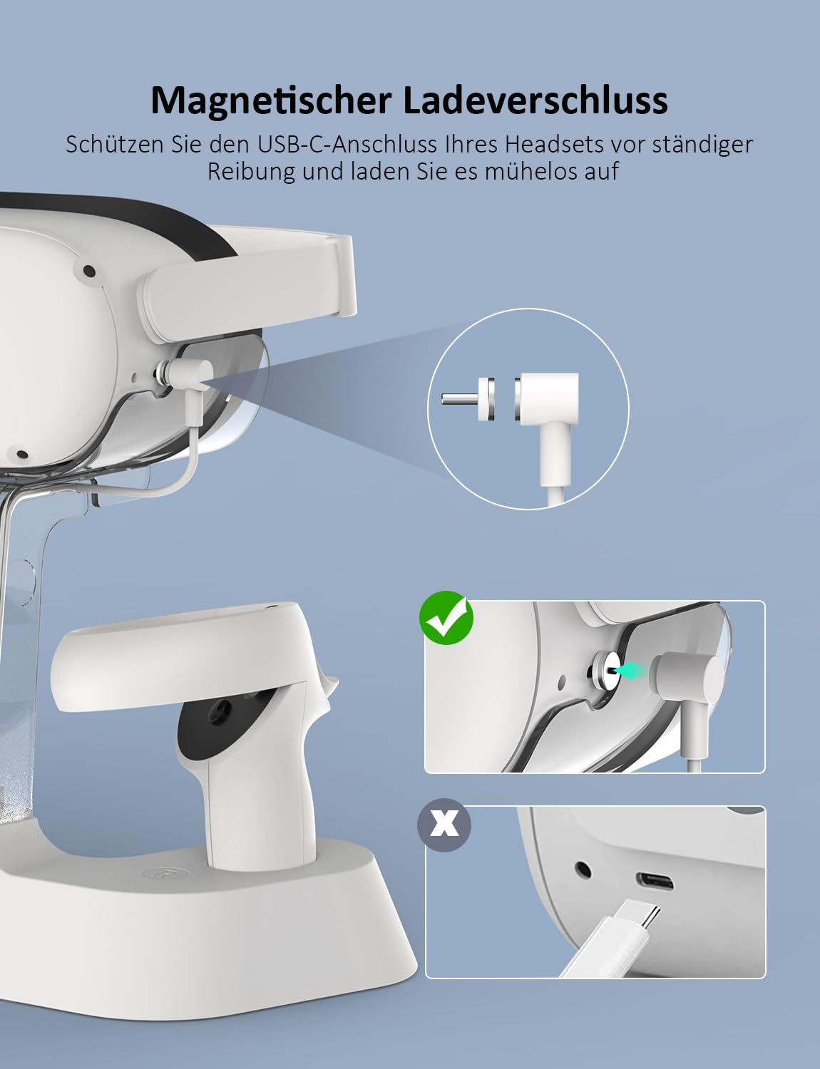 NexiGo Ladestation für Oculus Quest 2 Zubehör, Headset-Displayhalter und Controller-Halterung, [Support Elite Strap], LED-Anzeige, 2 wiederaufladbare Batterien, Magnetkabel, Weiß