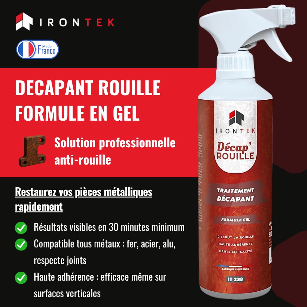 Décapant Rouille en Gel Spray 500 ML - IRONTEK | IT238 | Dissolvant Haute Efficacité | Dissout la Rouille Rapidement | Métaux Fer Acier | Anti-Rouille et Convertisseur de Rouille