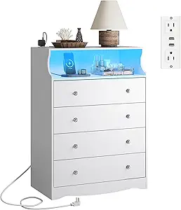 WLIVE White LED Dresser for Bedroom, Tall Wood Dresser with 4 Drawers and Open Shelf, Chest of Drawers with Charging Station and LED Lights for Living Room, Hallway, Closet