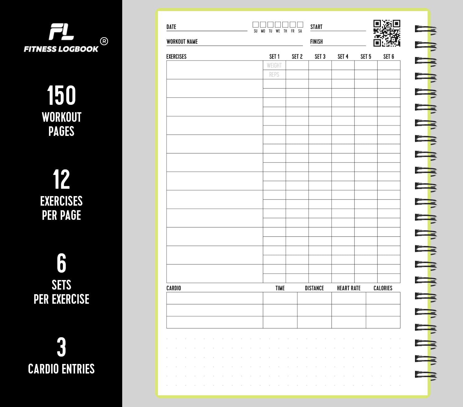 Registro fitness – Registra 150 allenamenti – carta spessa e copertina resistente – A5 – Diario di allenamento senza data, diario di registro pianificatore – traccia perdita di peso, aumento