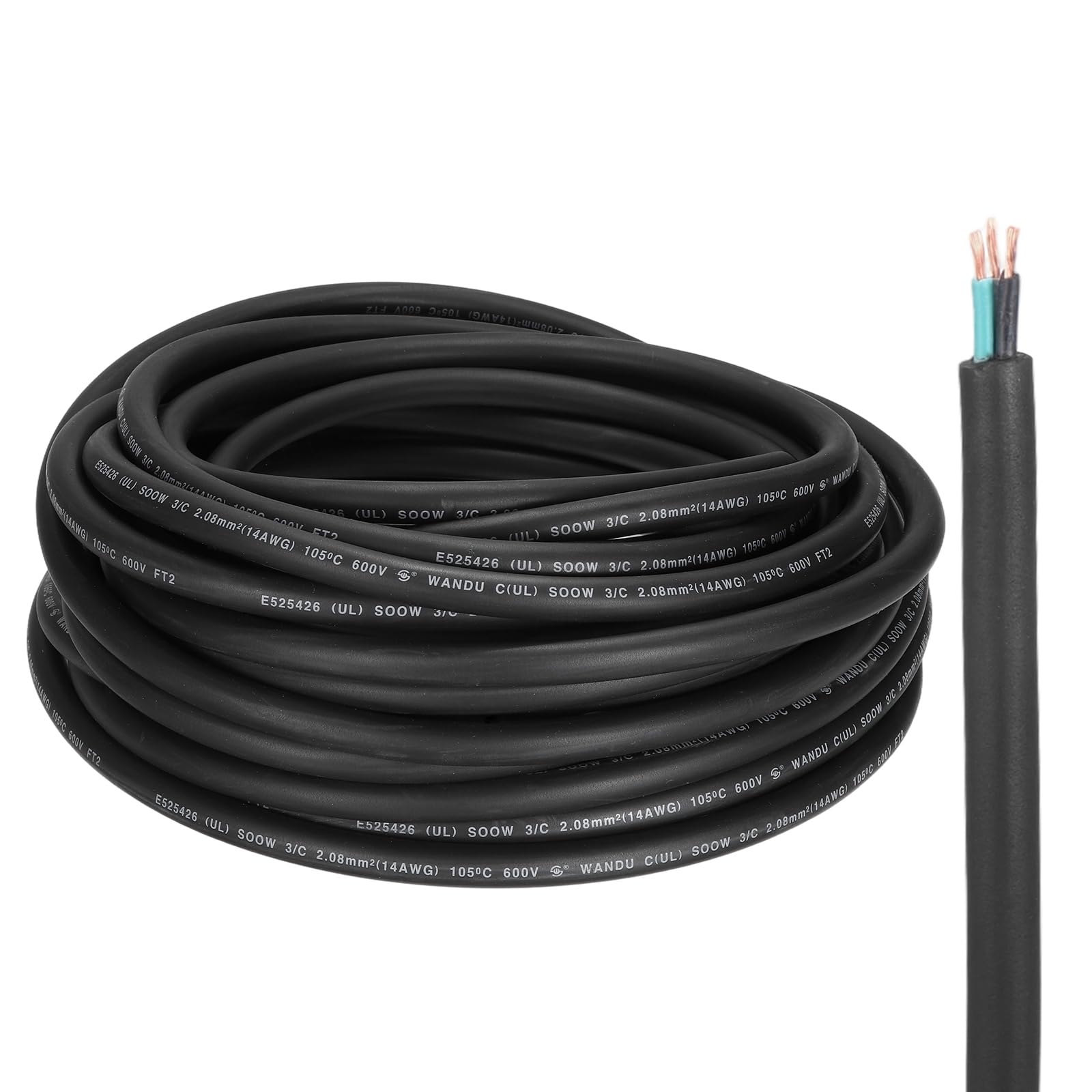 QUARKZMAN Cable Eléctrico SOOW Calibre 14 De 3 Conductores 25 Pies Cable Automotriz 14 AWG Cable De Alimentación Portátil 600V Para Generadores Luces LED Cargadores De Batería Cable