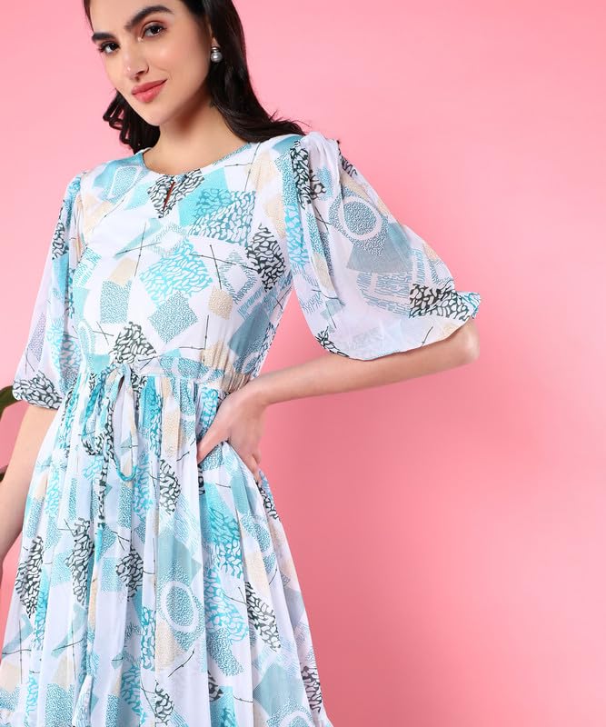 Image of Women's Empire Dress, Georgette Floral Printed Short Sleeve Smart Casual Dress