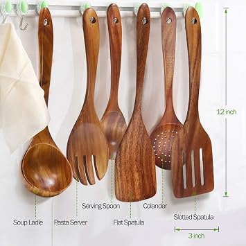 Wooden Utensils Set of 6, Large Kitchen Cooking Utensil for Non Stick Cookware, Natural Teak Wood Spoons Spatula Ladle Colander, Durable Seamless Kitchen Tools