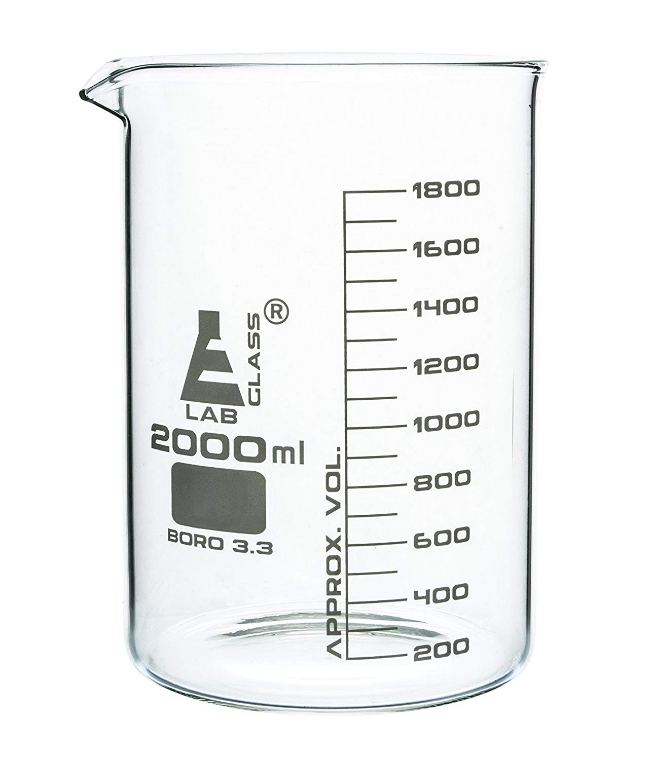 CH0126L Beaker, 2000 ml, Low Form, Borosilicate Glass, Graduated as Per DIN 12231, ISO 3819, Pack of 1