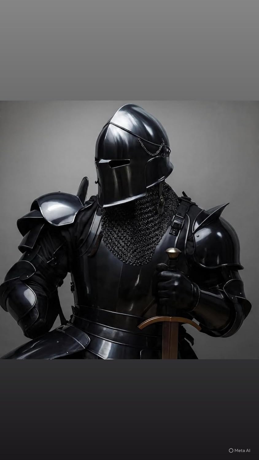 Medieval Knight Black Steel Armor Set for Adult – Handmade Black Finish Helmet, Cuirass, Shoulder Plates, Tassets, Greaves & Arm Guards