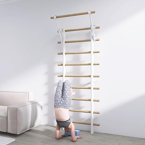 Miniatura 5 de DHT Wood Stall Bar, Swedish Ladder Suspension Trainer with 9 Strategic Rods, for Home, Gym, School and Clinics, White