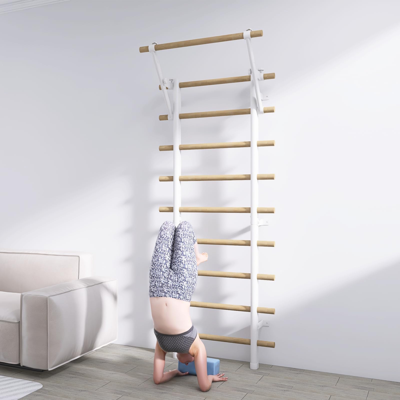 DHT Wood Stall Bar, Swedish Ladder Suspension Trainer with 9 Strategic Rods, for Home, Gym, School and Clinics, White