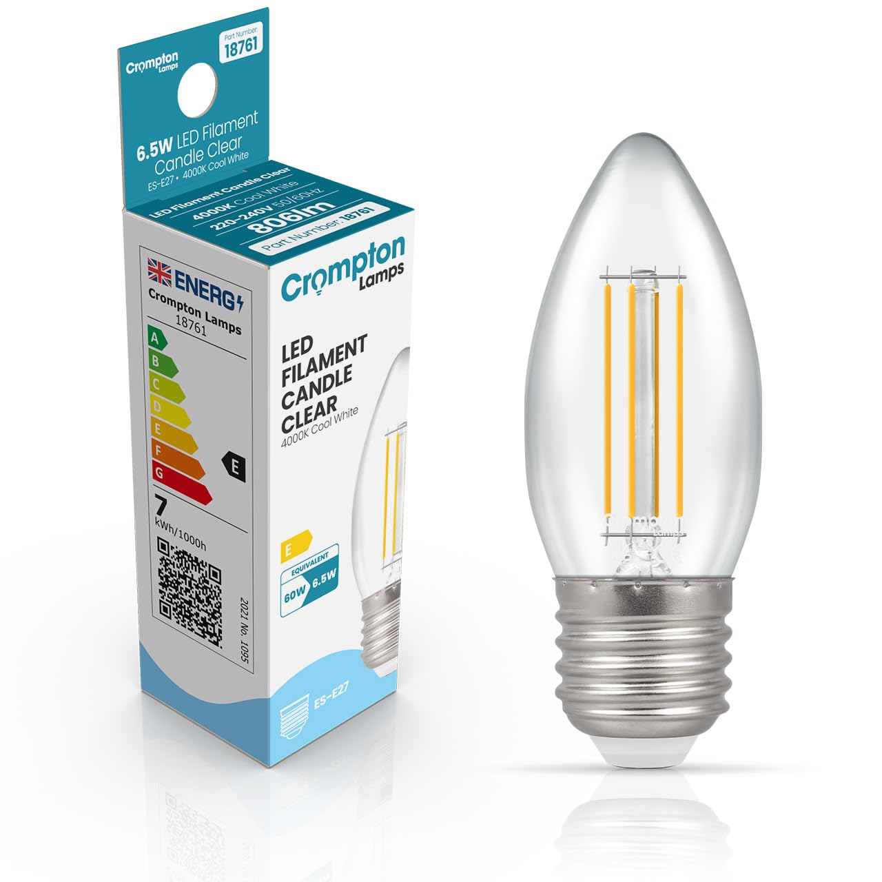Crompton Lamps Filament Candle LED Light Bulb ES-E27 | 6.5W = 60W Equivalent | Cool White 4000K | Energy Efficient | Edison Screw Lightbulb | Long Life 15,000-Hrs | Clear Glass | Dimmable
