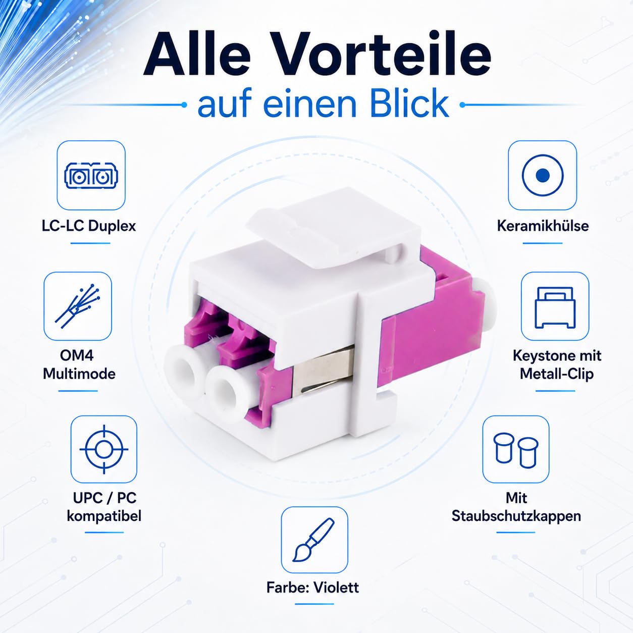 1aTTack.de 10 connettori Keystone in fibra ottica OM4 (UPC o PC) LC Duplex femmina a LC Duplex femmina multimodale viola