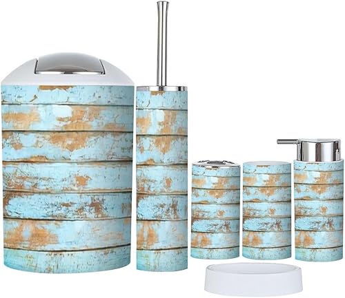 Juego de accesorios de baño, 6 piezas vintage de madera de playa envejecida, tablón de madera envejecida, pintada de color azul, vaso para cepillos