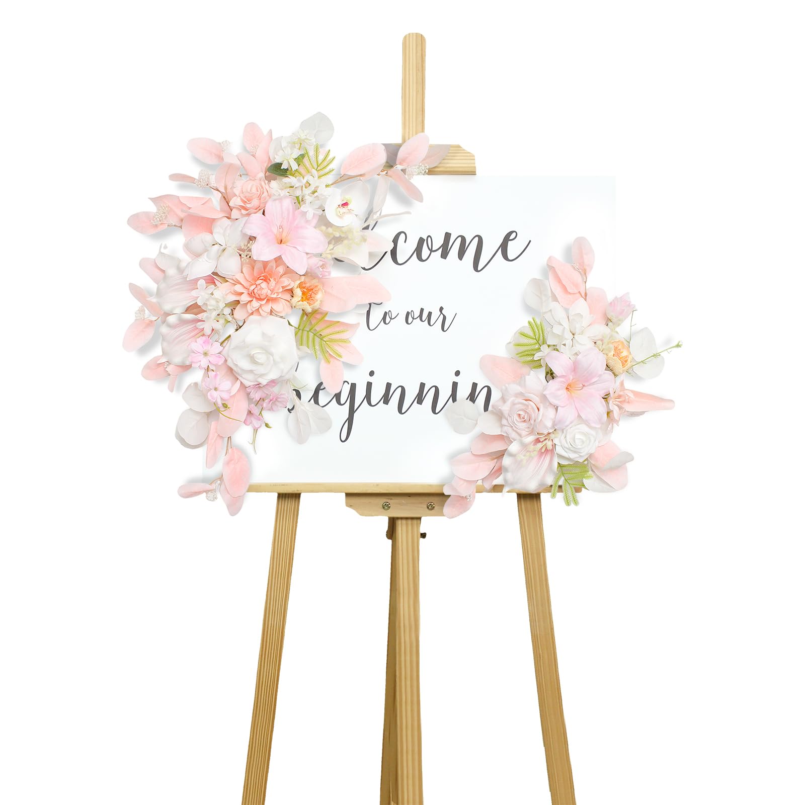 Set mit 2 Hochzeitsbögen, künstliche Blumen für Hochzeit, Willkommensschild, Hochzeitsdekorationen für Empfang und Hochzeitshintergrund (Eukalyptus-Rosa)