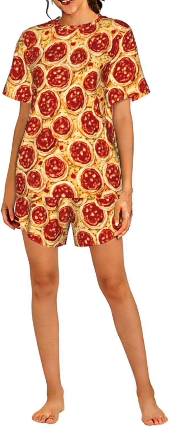 3d Pizza Pepperoni Print Cute Short Sleeve Pajama Set For Women Casual Loungewear With Pockets Four Seasons S-3xl