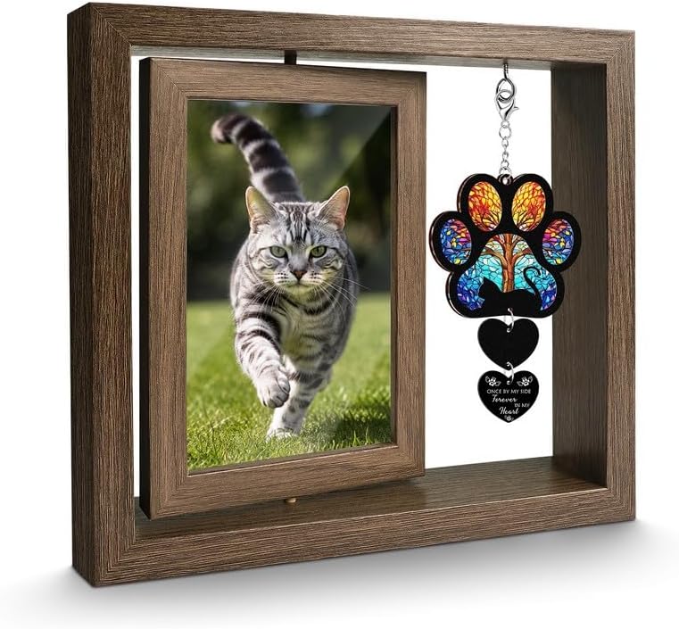 Pet Memorial Gifts for Loss of Cats- 360° Rotating Wooden Photo Frame for 4x6 Photo-Cat Loss Sympathy Gift for Cat Lovers