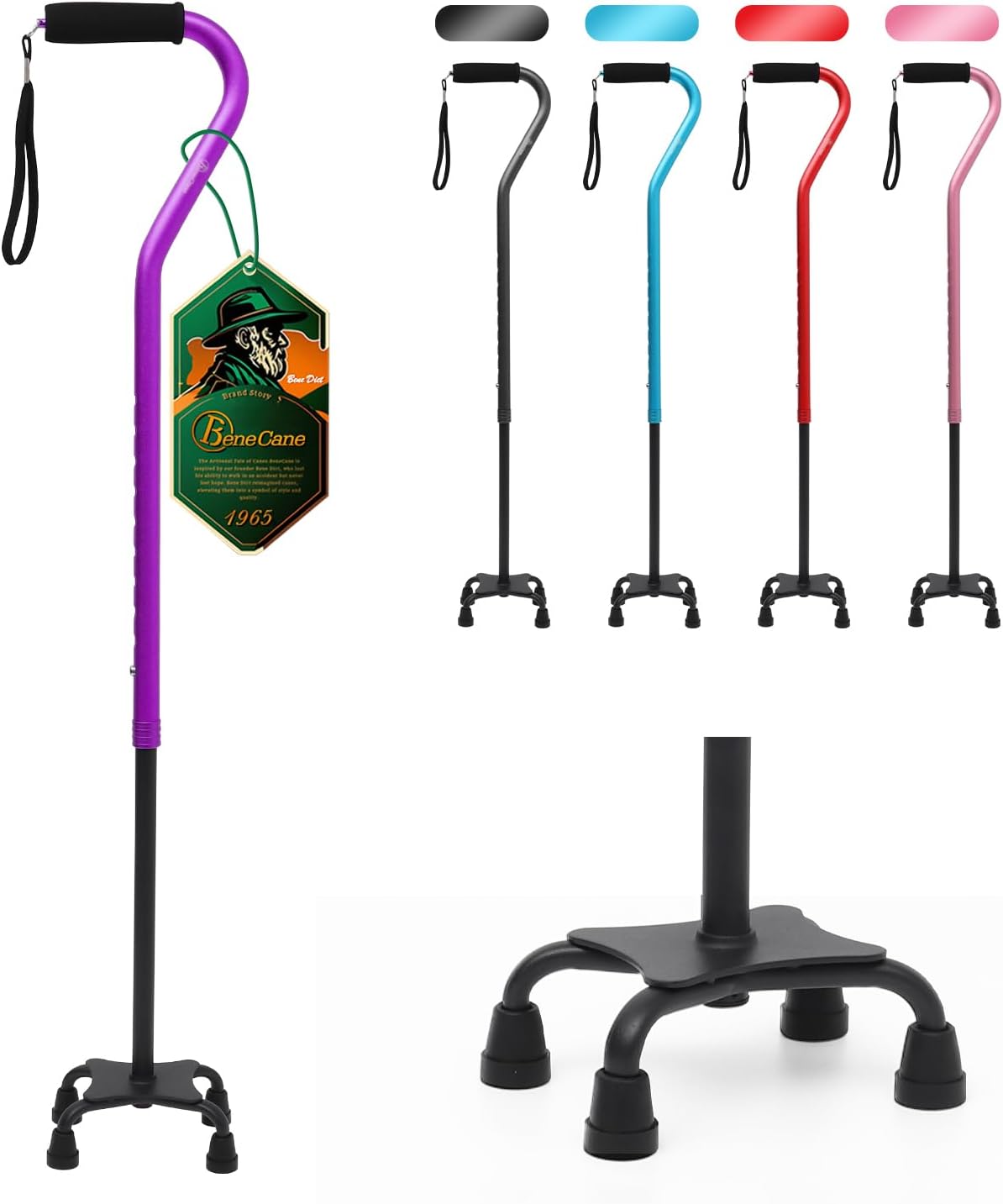 BeneCane Quad Cane Adjustable Walking Cane with Offset Soft Cushioned Handle for Men & Women Lightweight Comfortable with 4-Pronged feet for Extra Stability