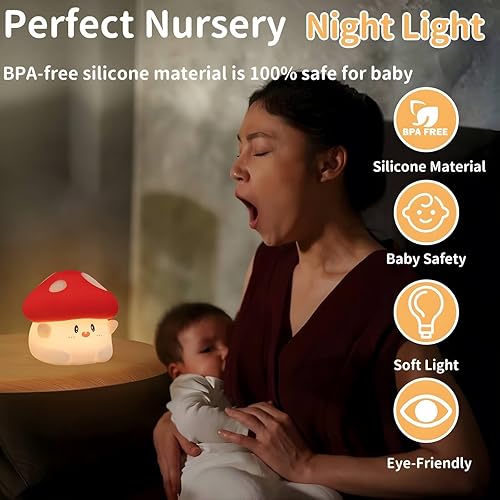 Miniatura 4 de Lámpara de silicona con forma de hongo, bonita luz nocturna de hongo con temporizador, luz regulable y blanda para la guardería del bebé, luz