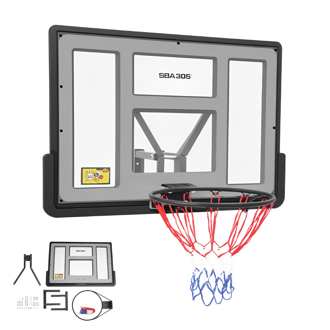 Basketballkorb mit Rückwand, Basketballkorb für Outdoor & Indoor, Basketball Korb im Zimmer Wandmontage mit Ø45 cm Stahlkorb und Netz, Komplettes Set, 110 x 75 cm, Schwarz