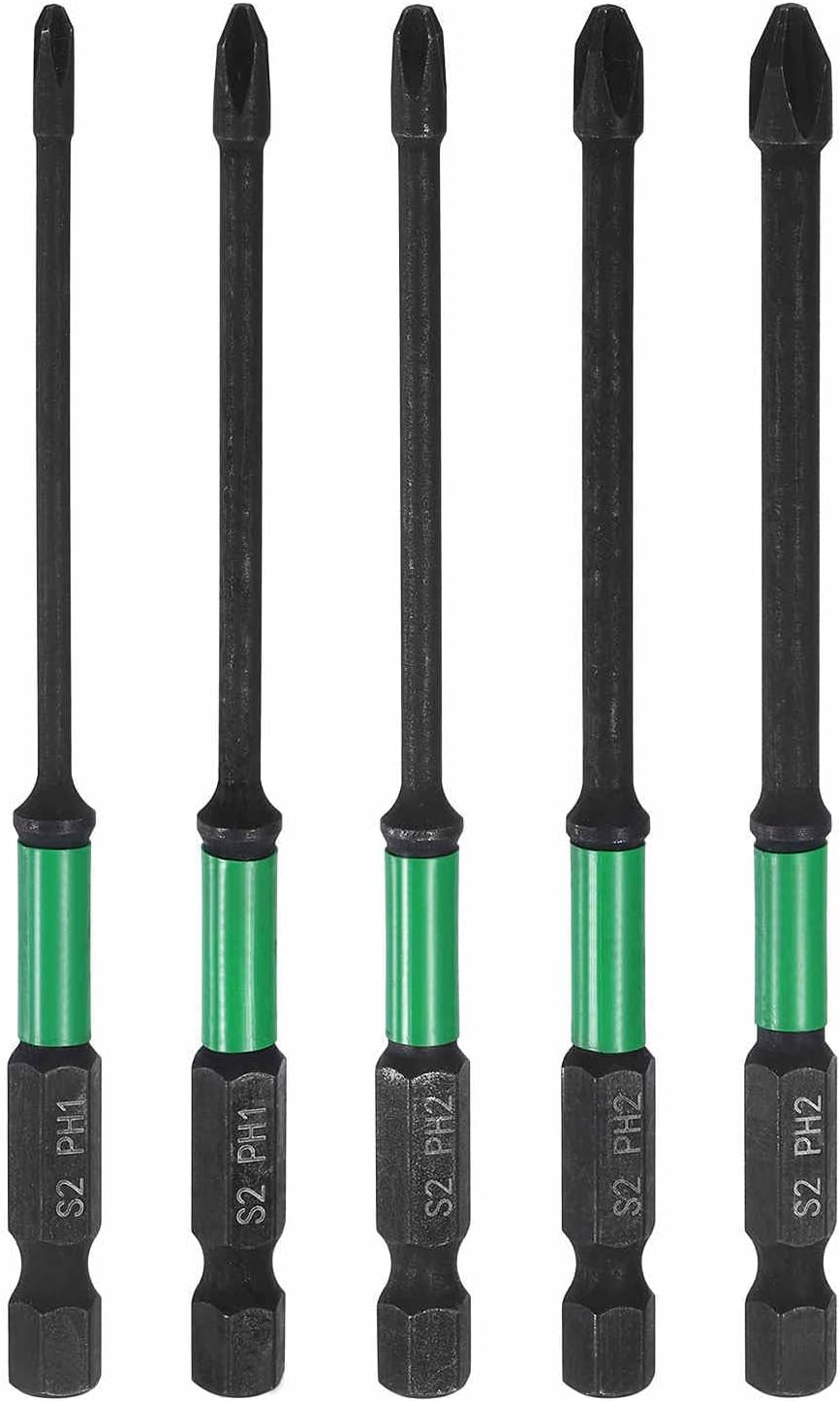 HARFINGTON 5pcs #1+2 Impact Phillips Screwdriver Bit PH1+2 1/4" Hex Shank 4" (100mm) Long " Rod Magnetic Cross Head Drill Bits S2 Steel Industrial Screw Driver for Impact Power Drivers