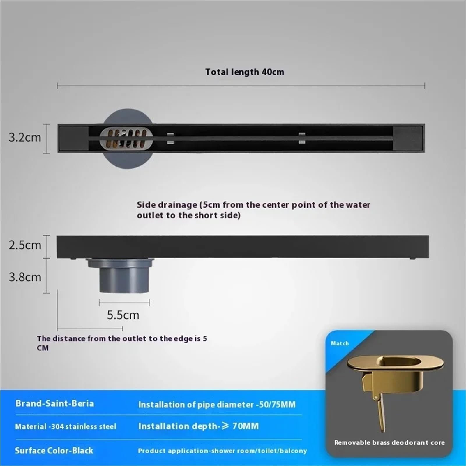Rejilla Desague Ducha Shower Floor Drain Black 304 Bathroom Drain | Floor Drains Stainless Steel Linear Drainage 3.2Cm Wide Invisible Extremely Narrow Drains(Side 3.2x40cm)