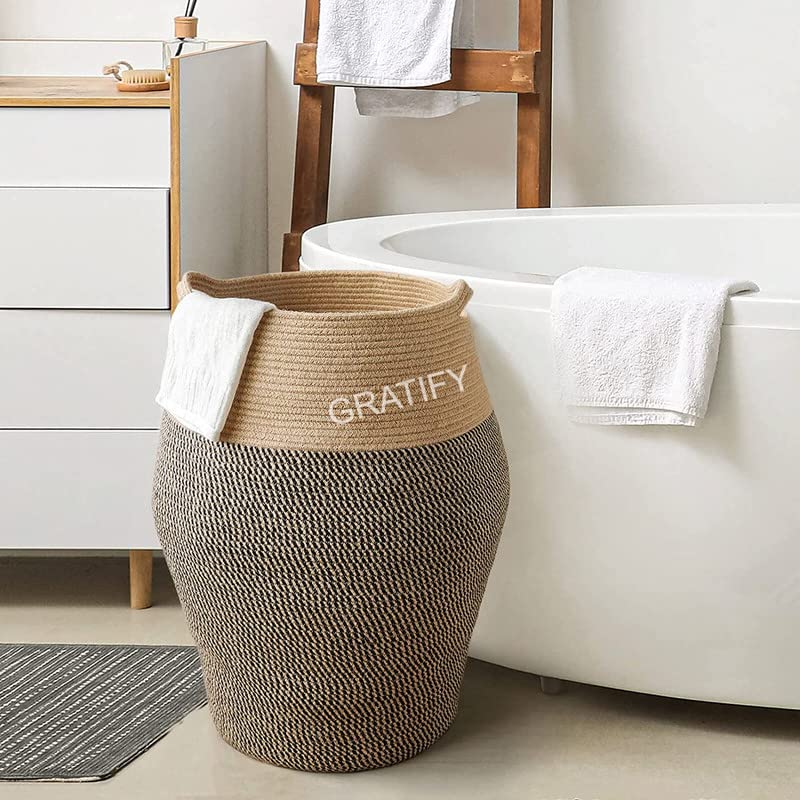 Image of GRATIFY Tall Laundry Hamper | Woven Jute Rope Dirty Clothes Hamper Modern Hamper Basket Large in Laundry Room, (Mix Dark Brown 18x 16 Inch)