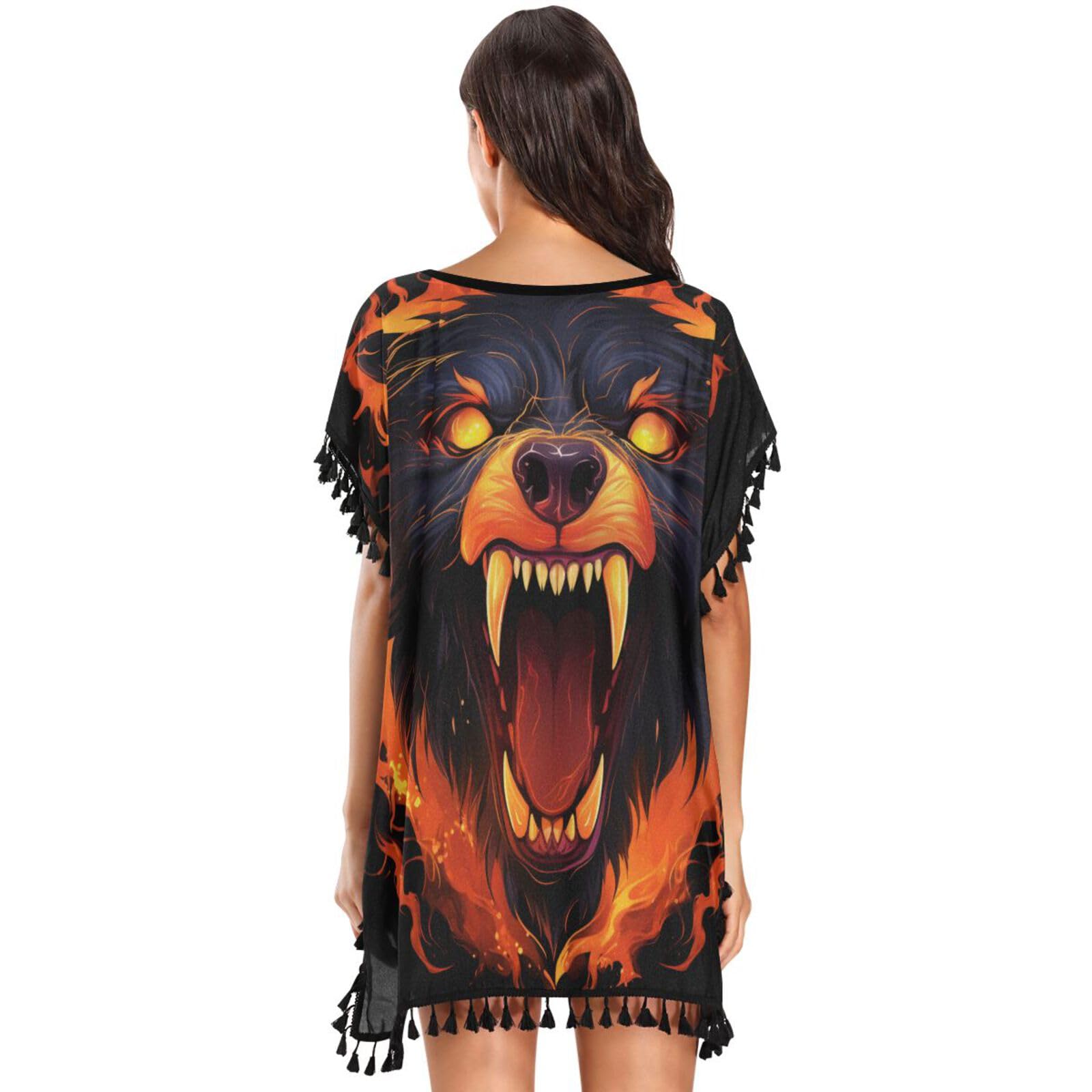 Fire Cool Animal Sloth Bear Women's Beach Cover Up Chiffon Tassel Swimwear Swimsuit Coverups for Girl