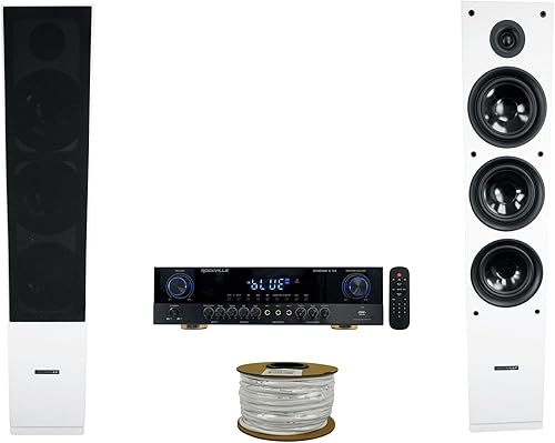 Rockville SINGMIX 5 2000 W Bluetooth Receptor Mezclador + (2) altavoces de torre blancos
