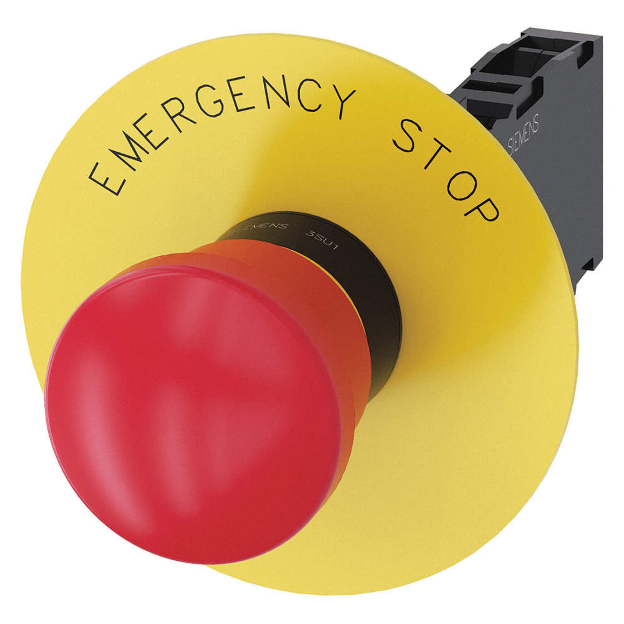 Siemens 3SU11001HA201FG0 EM. Stop Mushroom Pushbutton, 40mm, 5to500volts, Plastic, IP66, IP67, IP69K Protection Rating, Black Plastic, 22mm, Red