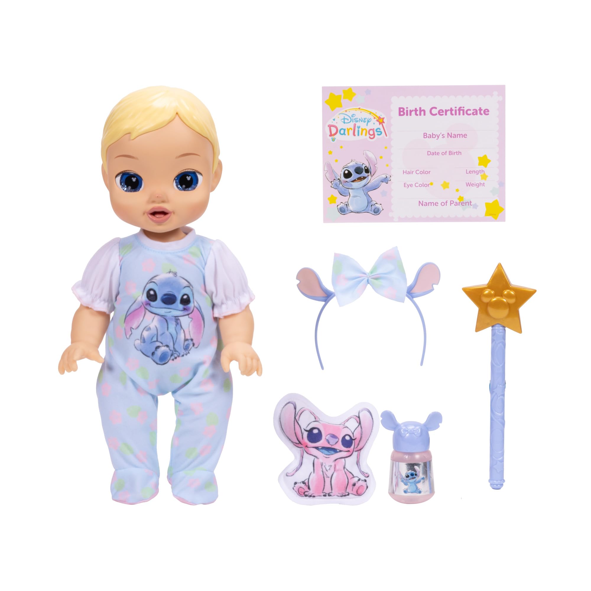 Disney Darlings Stitch Blonde Feature Doll 13" / 33cm, Officially Licensed by Jakks Pacific, Interactive Light Up & Sounds, Includes Fun Accessories, Perfect First Birthday Gift for Girls 3+
