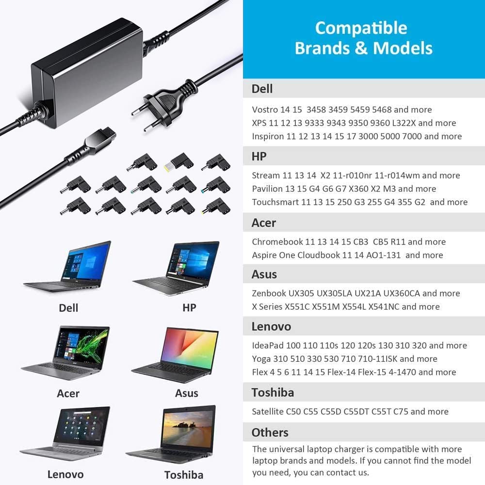 HKY 65W Alimentatore Universale Notebook Caricatore PC Portatile per HP Dell Asus Acer Lenovo Toshiba Samsung LG Medion Fujitsu Sony AC DC 18.5V-20V Adattatore con 15 Connettori e 1 Cavo 3M