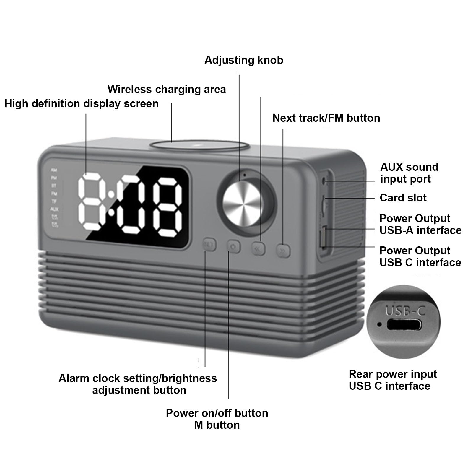 VBESTLIFE Cargador Inalámbrico Rápido de 15W con Altavoz Bluetooth y Radio de Reloj de Alarma, 4 en 1 Estación de Carga Inalámbrica para Teléfonos con Radio FM para Dormitorio (Grey)