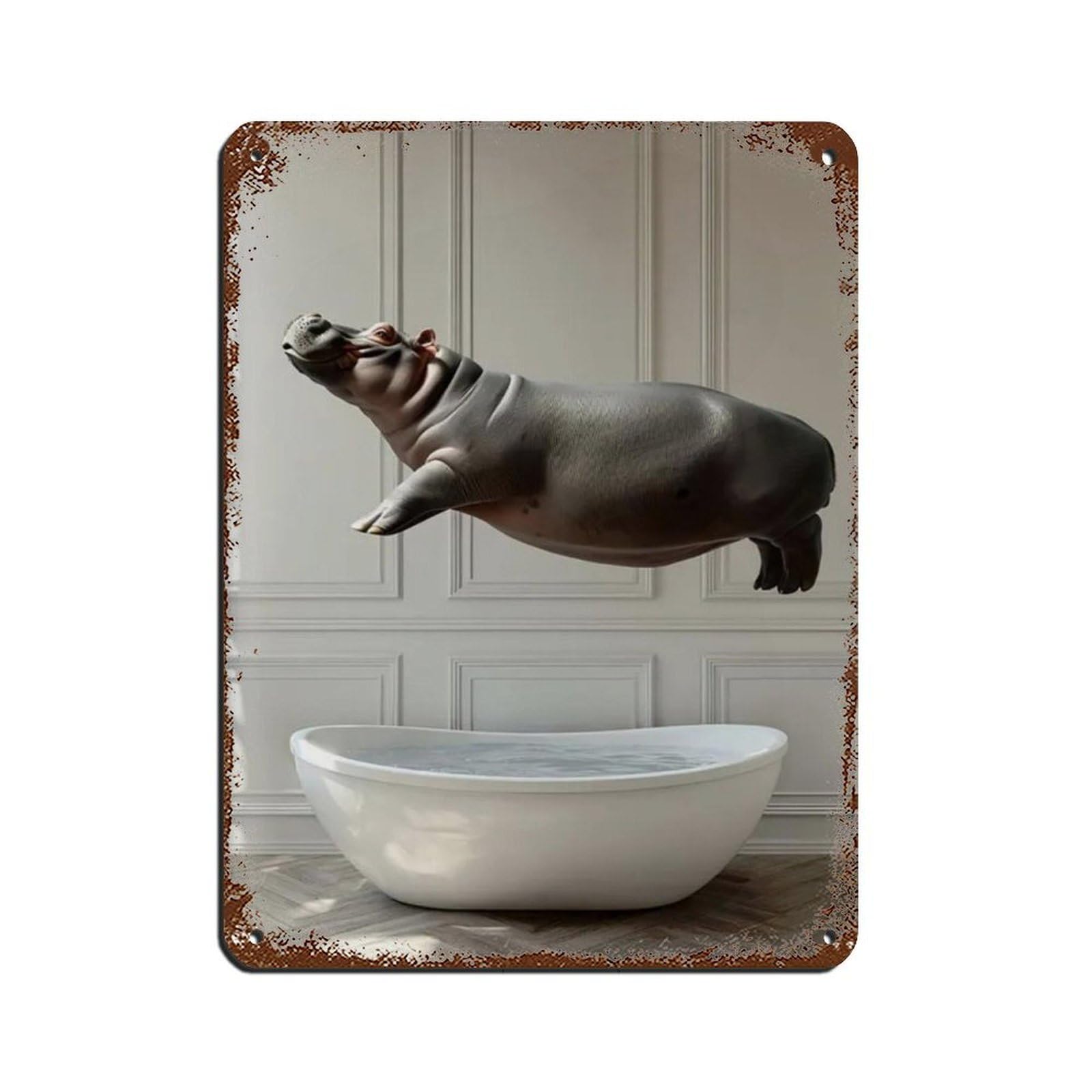 Hippo Jumping Into Bathtub, Funny Bathroom Art Tin Sign Vintage Metal Pub Club Cafe Bar Home Wall Art Decoration Poster Retro 12x16inch(30x40cm)