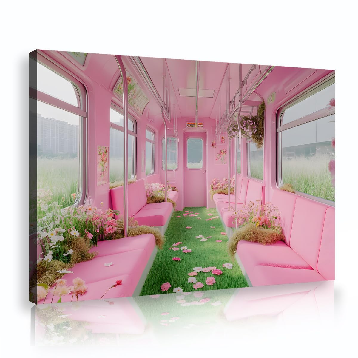 TOANGWALL Pink Train Pictures Surreal Floral Subway Canvas Wall Art Whimsical Pastel Framed Painting Dreamy Garden Poster For Dressing Room Sunroom Decor 50x75cm