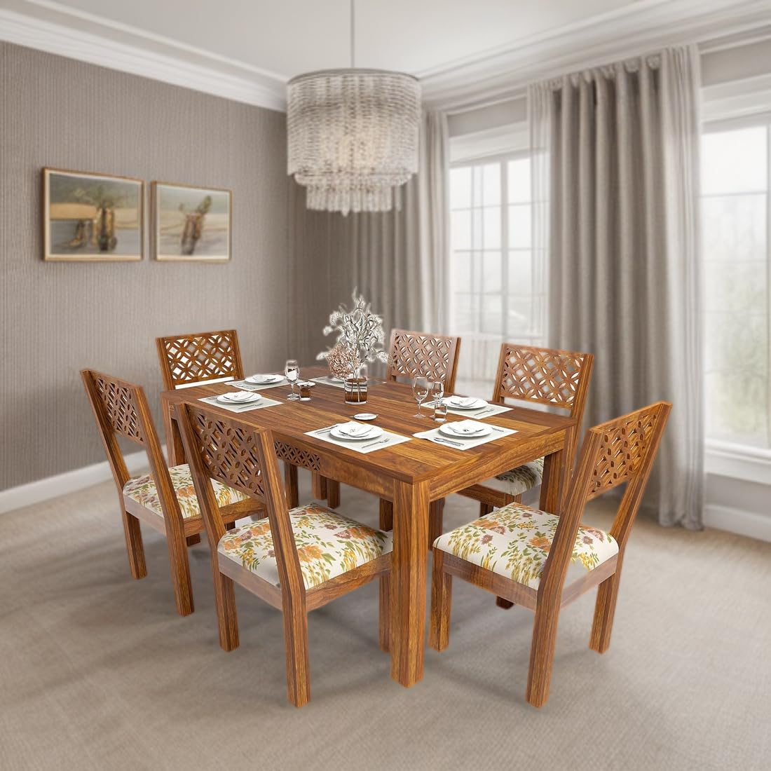 HANDWOOD FURNITURE Sheesham Wood Dining Table(57x35) with 6 Chairs | 6 Seater Dining Set | Wooden Dining Table with Chair - Dining Room Furniture |Finish Color :- Honey Finish with Cushions (B0CKHDSJV7) Amazon Price History, Amazon Price Tracker
