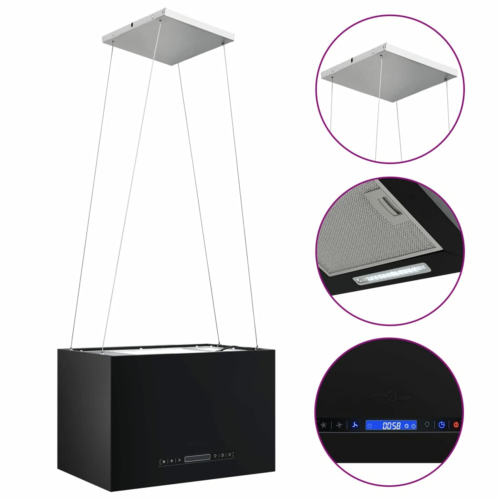 Cappa da Cucina ad Isola Sospesa LCD con Sensore 55 cm Acciaio Argento/Nero 55x37 cm 180 W 220-240 V, 50/60 Hz,Cappa Aspirante,Cappa a Isola