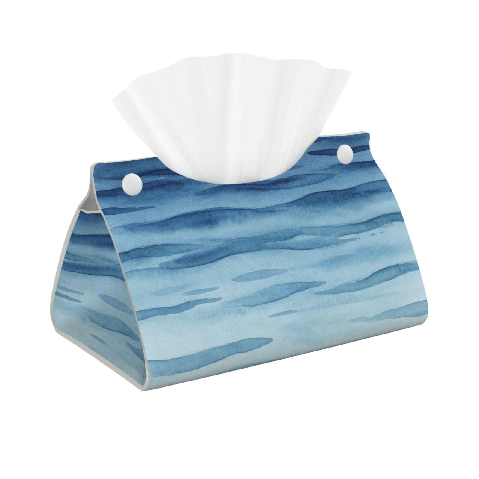 Blue Wave Line Long Leather Tissue Box Cover-Waterproof PU Leather Tissue Holder for Bathroom, Decorative Rectangular Tissue Case