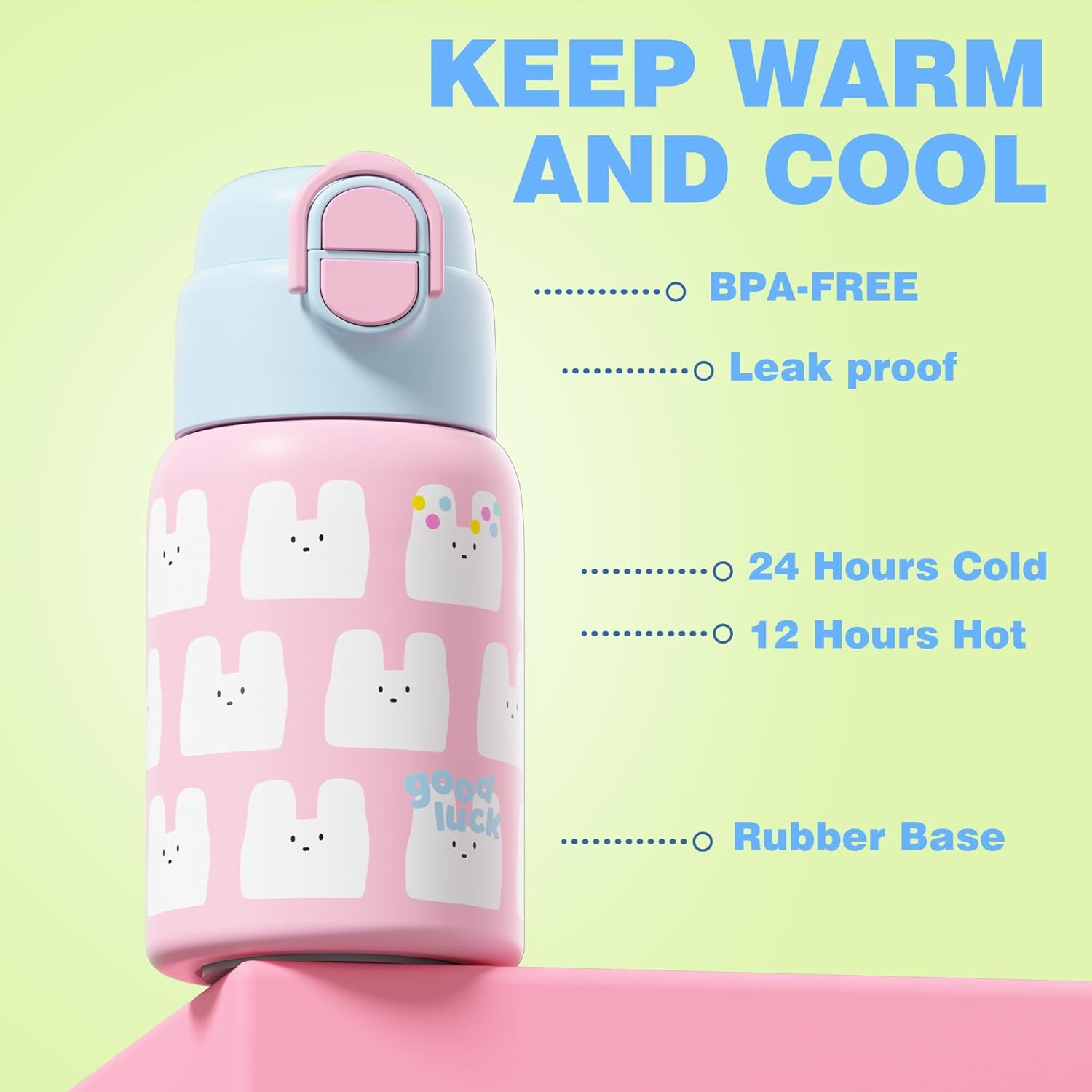 22 oz Kids Water Bottle with Lid and Straw, Insulated Stainless Steel Tumbler Leak Proof, Portable Iced Travel Coffee Mug, Rabbit - Image 4