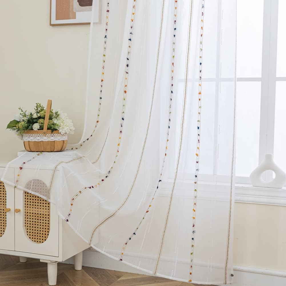 Rainbow Stripe Boho Sheer Curtains for Living Room 84 inch Long Embroidered Window Curtain Drapes for Bedroom Rod Pocket Top 52 x 84 inch 1 Panel