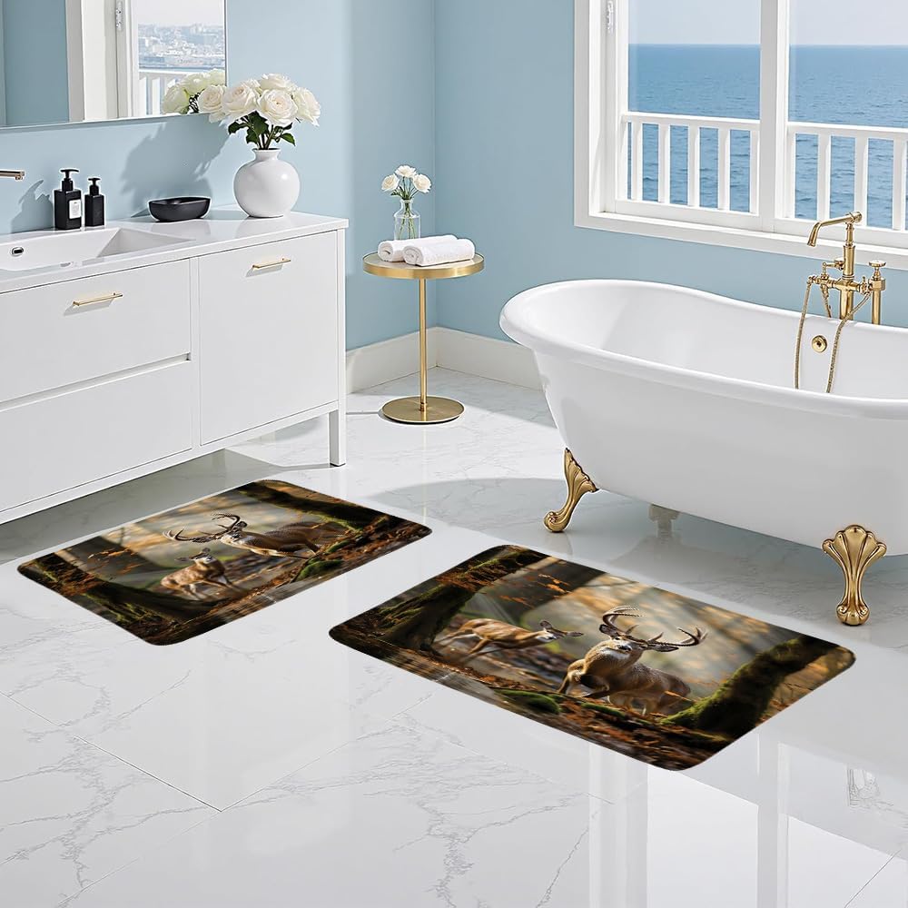 Forest Deer Bath Mat Elk Moose Rustic Reindeer Winter Nature Scenic Wildlife Camping Hunting Country Farmhouse Lodge Cabin Wild Animal Bathroom Rugs Kitchen Sink Laundry Bedroom Carpet
