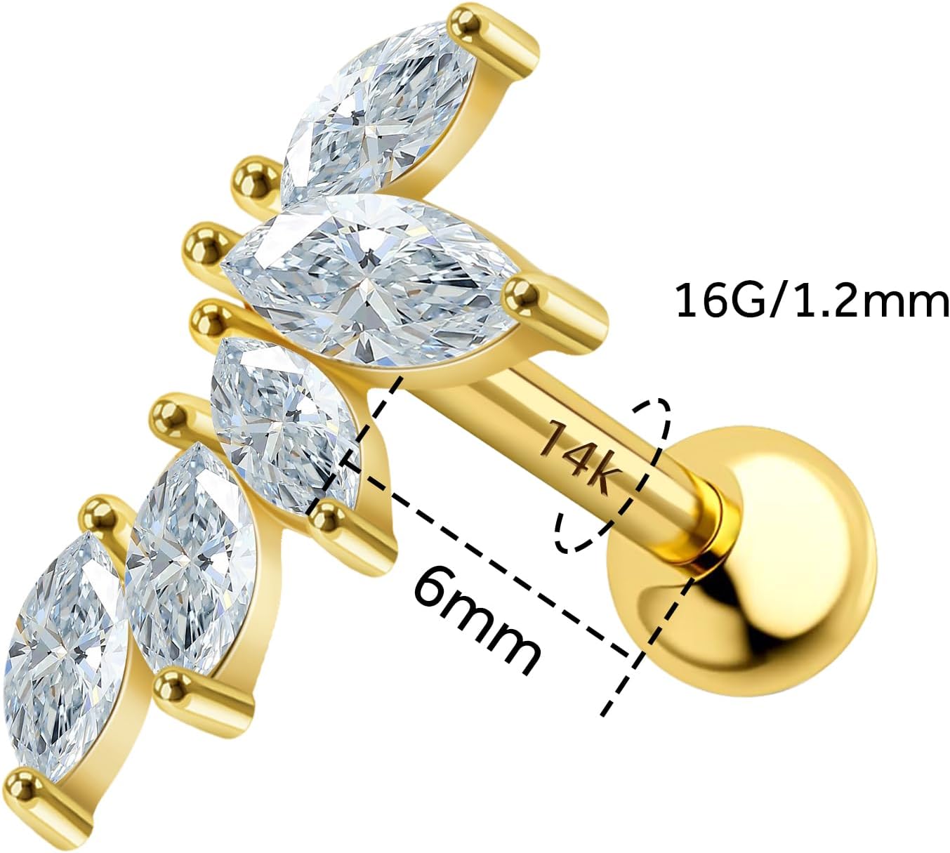 14k Solid Gold Helix Earrings Stud, 16g Threaded Cartilage Earring, CZ Tragus Earring Stud for Women 6mm Helix Piercing Jewelry