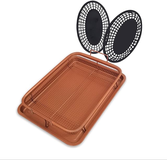 Copper Crisper Tray 2 pc Non-Stick Oven-Baking with Elevated Mesh Crisping Basket Easy Grip Handles, Dishwasher Safe - Comes with 2 Serving Baskets