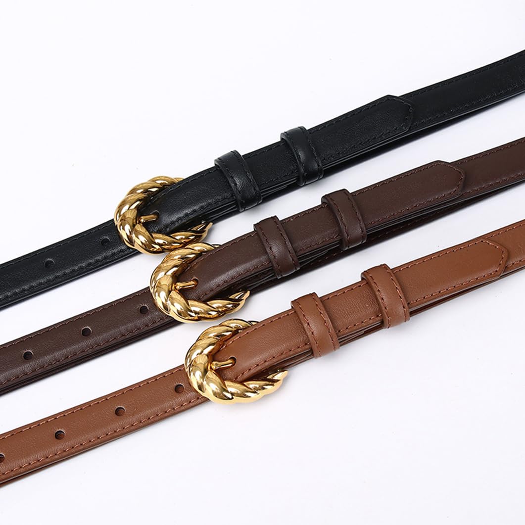 Genérico Mujer Cinturón Ajustado Costuras Cinturones Hebilla De Púas Trenzado Dorado 1,8cm De Ancho Correa De Piel De Vacuno Fina(95cm/37, Black)