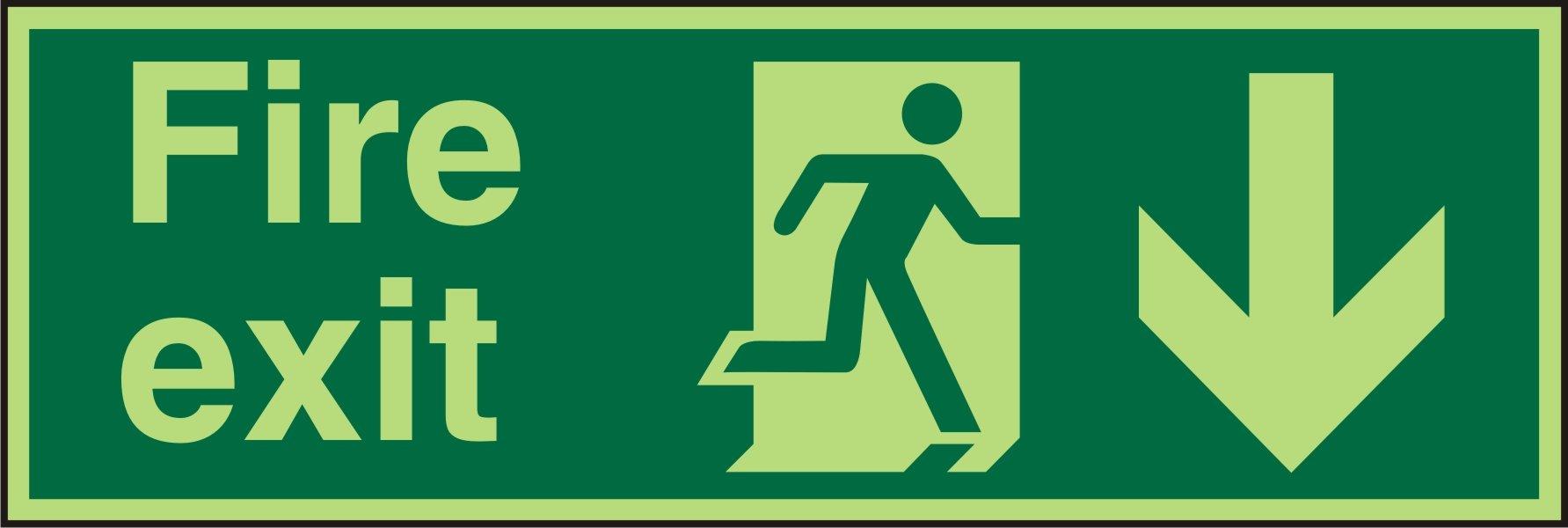 Seco Fire Exit - Fire Exit, Man Running Right, Arrow Pointing Down Sign, 300mm x 100mm - Photoluminescent Self Adhesive Vinyl