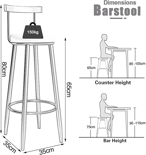 Miniatura 3 de Taburete de bar moderno, blanco, marco de metal, asiento de piel sintética, diseño ergonómico, resistente y duradero, 13.8 x 13.8 x 31.5 in, soporta
